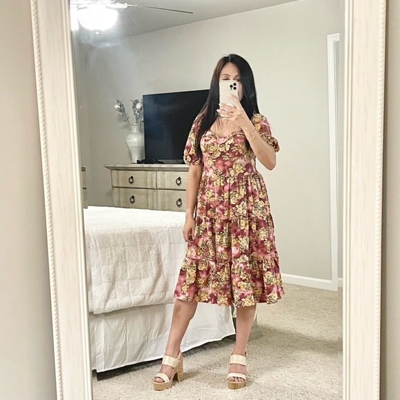 NWT- Fuchsia Floral Print Padded Mango Silk Chiffon Dress - Picture 6 of 6